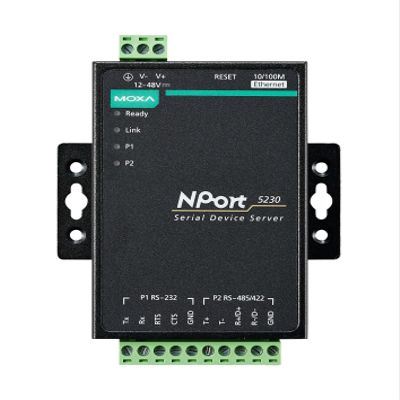 MOXA NPort 5230 w/Adapter 1 Port RS-422/485 Device Server, 1 Port RS-232, 10/100M Ethernet, Terminal Block, 15KV ESD, 12-30VDC