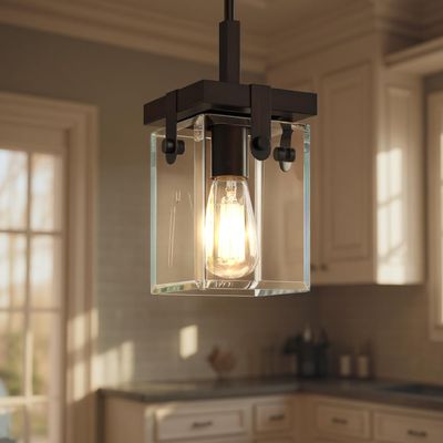 Urban Ambiance Luxury Modern Farmhouse Pendant Light, Small Size: 11.875" H x 6.5" W, with Industrial Chic Style Elements, Olde Bronze Finish and Clear Shade, UHP2446, Bristol Collection