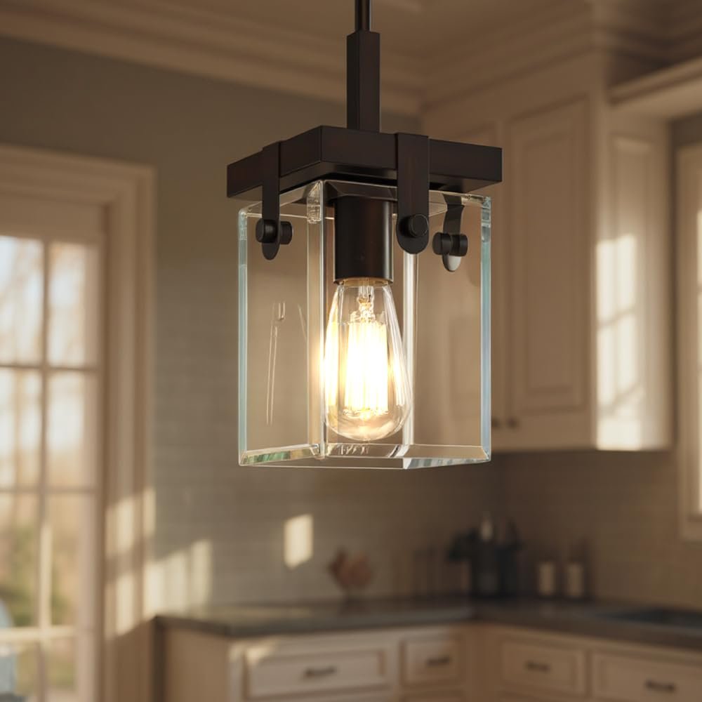 Urban Ambiance Luxury Modern Farmhouse Pendant Light, Small Size: 11.875" H x 6.5" W, with Industrial Chic Style Elements, Olde Bronze Finish and Clear Shade, UHP2446, Bristol Collection