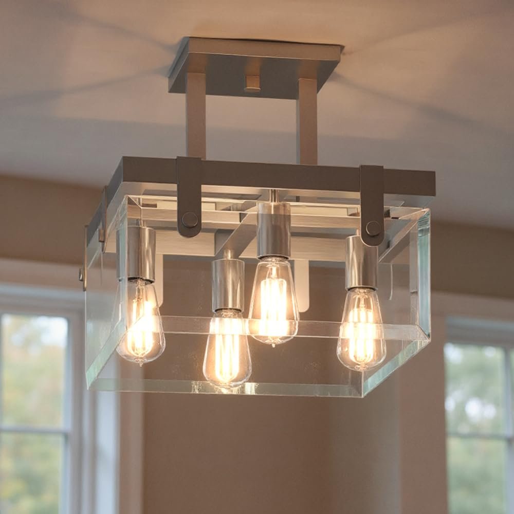 Urban Ambiance Luxury Modern Farmhouse Ceiling Fixture, Medium Size: 16.75" SQ, with Industrial Chic Style Elements, Brushed Nickel Finish and Clear Shade, UHP2449, Bristol Collection