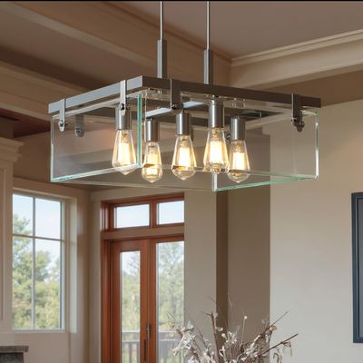 Urban Ambiance Luxury Modern Farmhouse Pendant Light, Medium Size: 13.75" H x 22.75" W, with Industrial Chic Style Elements, Brushed Nickel Finish and Clear Shade, UHP2445, Bristol Collection