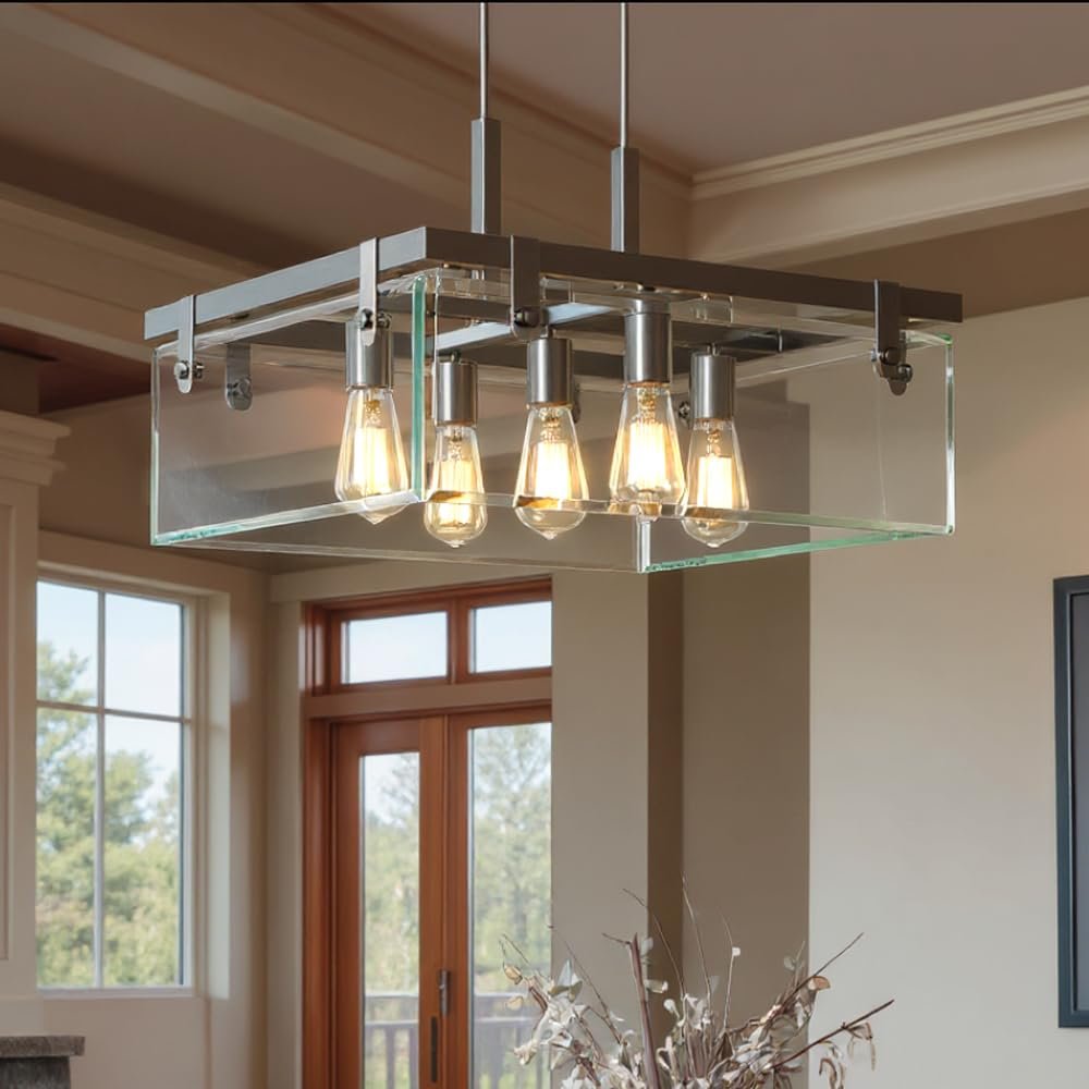 Urban Ambiance Luxury Modern Farmhouse Pendant Light, Medium Size: 13.75" H x 22.75" W, with Industrial Chic Style Elements, Brushed Nickel Finish and Clear Shade, UHP2445, Bristol Collection