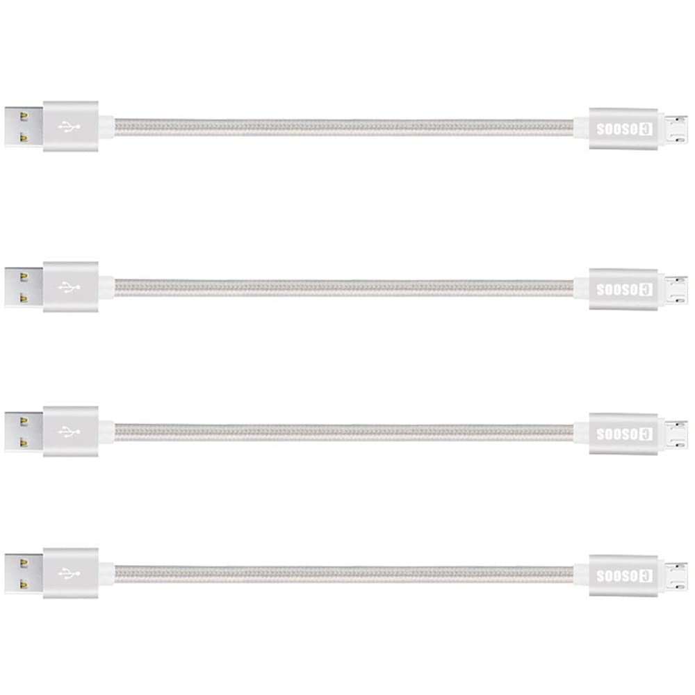 COSOOS Short Micro USB Cable, 4 Pack 9 Inch Nylon Charging and Syncing Short Cords for Samsung, Charging Station, Android Smartphones (Silver,White)