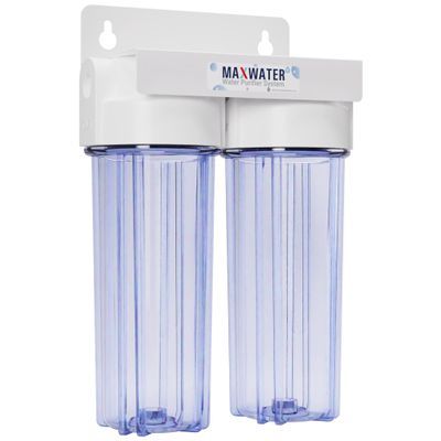 Max Water 10" 2 Stage Whole House Standard Home Water Filter System 3/4" Inlet Clear Filter Housing Variation, Supports 10" x 2.5" Water Filters (Clear, NO Filters)