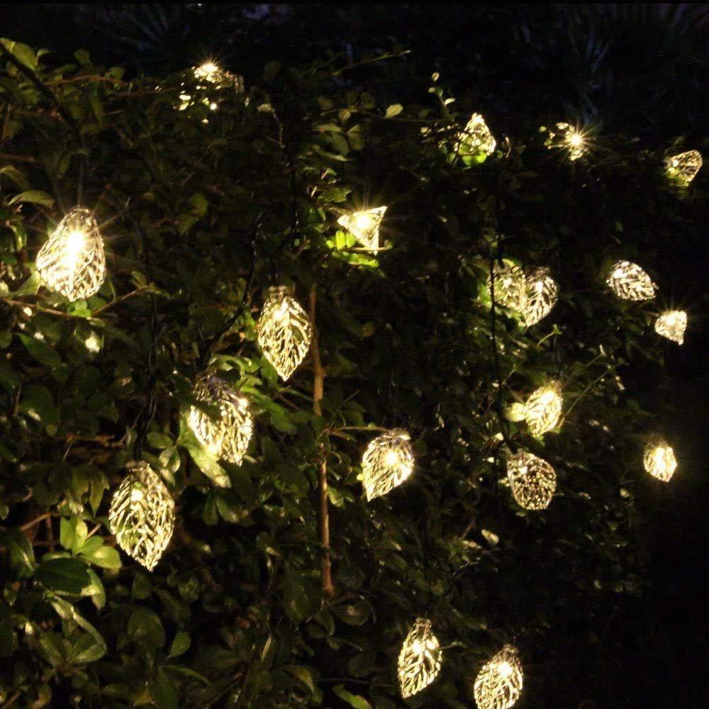 AMZSTAR Solar Metal String Lights, 10 LEDs Silver Leaves Warm White Light for Outdoor Garden Summer Party Wedding Xmas Decoration (Leaves)
