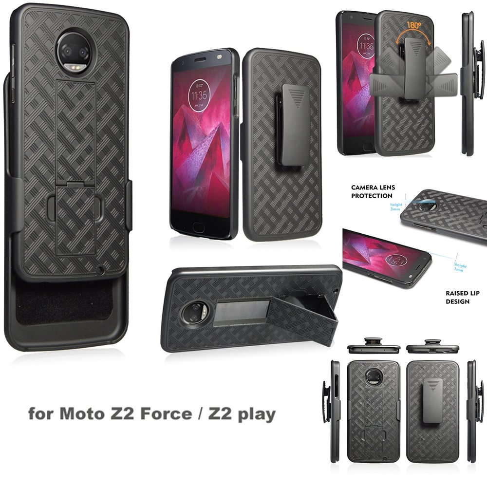 for Motorola Z2 Force / Z2 Play (XT1789) Ribbed Holster Shell Belt Clip Combo Lite Defender Case [Versatile Kickstand]