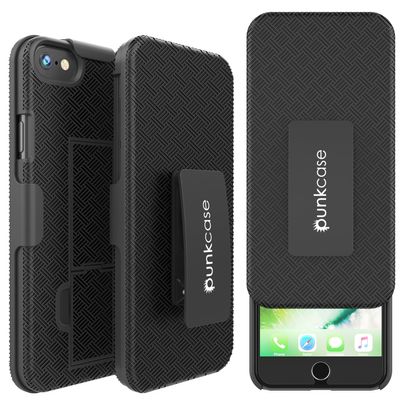 Punkcase iPhone 8 Case with Tempered Glass Screen Protector, Holster Belt Clip & Built-in Kickstand Non Slip Dual Layer Hybrid TPU Full Body Protection [Thin Fit] for Apple iPhone 7 & 8 [Black]