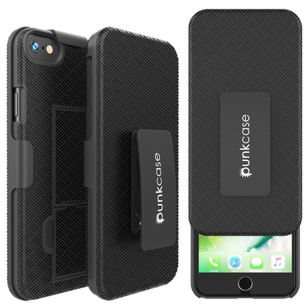 Punkcase iPhone 8 Case with Tempered Glass Screen Protector, Holster Belt Clip & Built-in Kickstand Non Slip Dual Layer Hybrid TPU Full Body Protection [Thin Fit] for Apple iPhone 7 & 8 [Black]