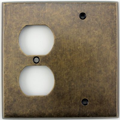 Aged Antique Brass 2 Gang Combination Switch Plate - 1 Duplex Outlet Opening 1 Blank