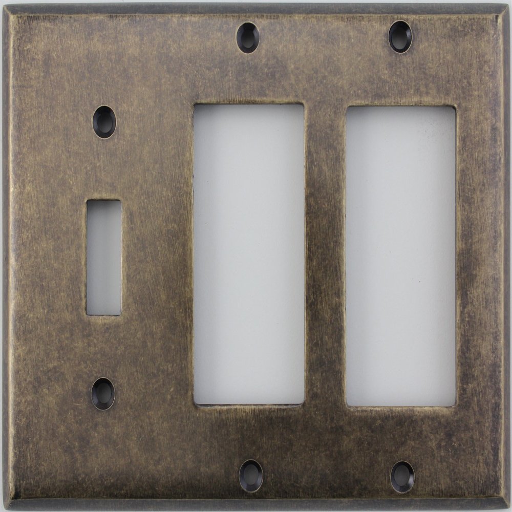 Aged Antique Brass 3 Gang Combination Switch Plate - 1 Toggle Light Switch Opening 2 GFI/Rocker Openings
