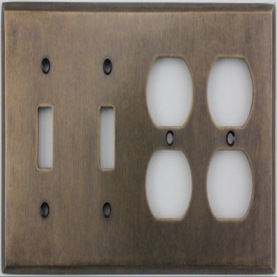 Aged Antique Brass 4 Gang Combination Switch Plate - 2 Toggle Light Switch Openings 2 Duplex Outlet Openings