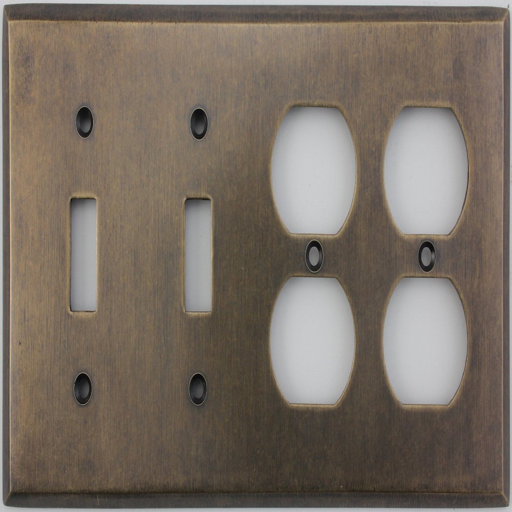 Aged Antique Brass 4 Gang Combination Switch Plate - 2 Toggle Light Switch Openings 2 Duplex Outlet Openings