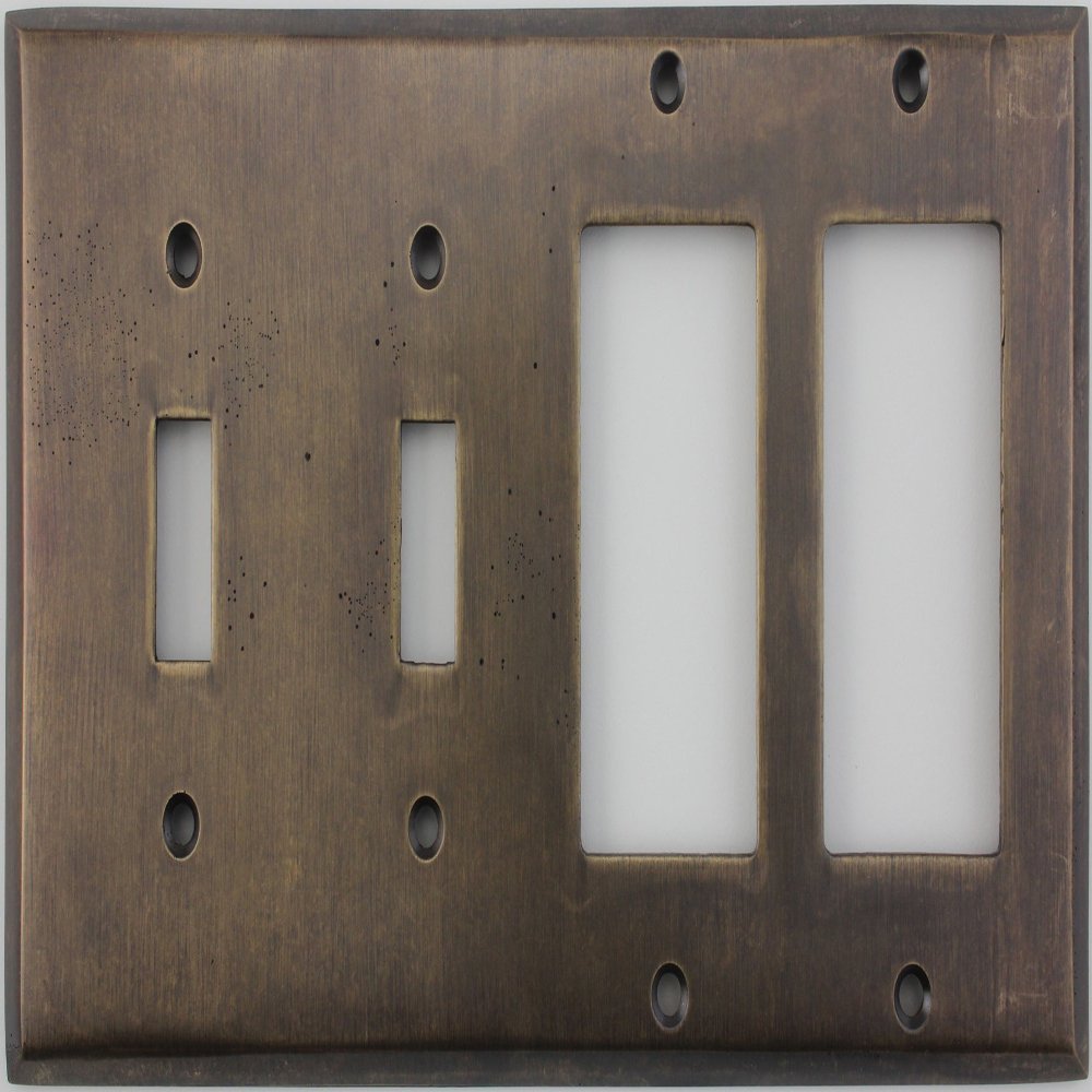 Aged Antique Brass 4 Gang Combination Switch Plate - 2 Toggle Light Switch Openings 2 GFI/Rocker Openings