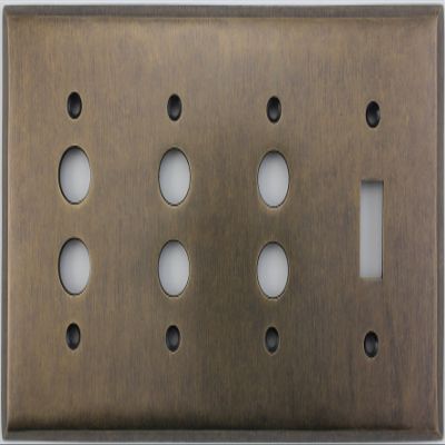 Aged Antique Brass 4 Gang Combination Switch Plate - 3 Push Button Light Switch Openings 1 Toggle Light Switch Opening