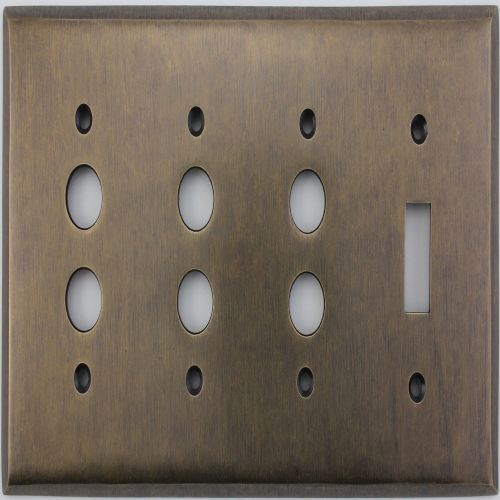 Aged Antique Brass 4 Gang Combination Switch Plate - 3 Push Button Light Switch Openings 1 Toggle Light Switch Opening