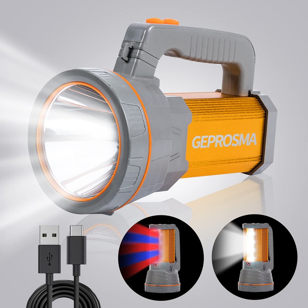 GEPROSMA Powerful Led Flashlight High Lumens USB C Rechargeable, Super Bright Strong Metal Handheld Spotlight High Powered Long Range 800yd/Side Lantern/Long Lasting/Strap, for Home Outdoor