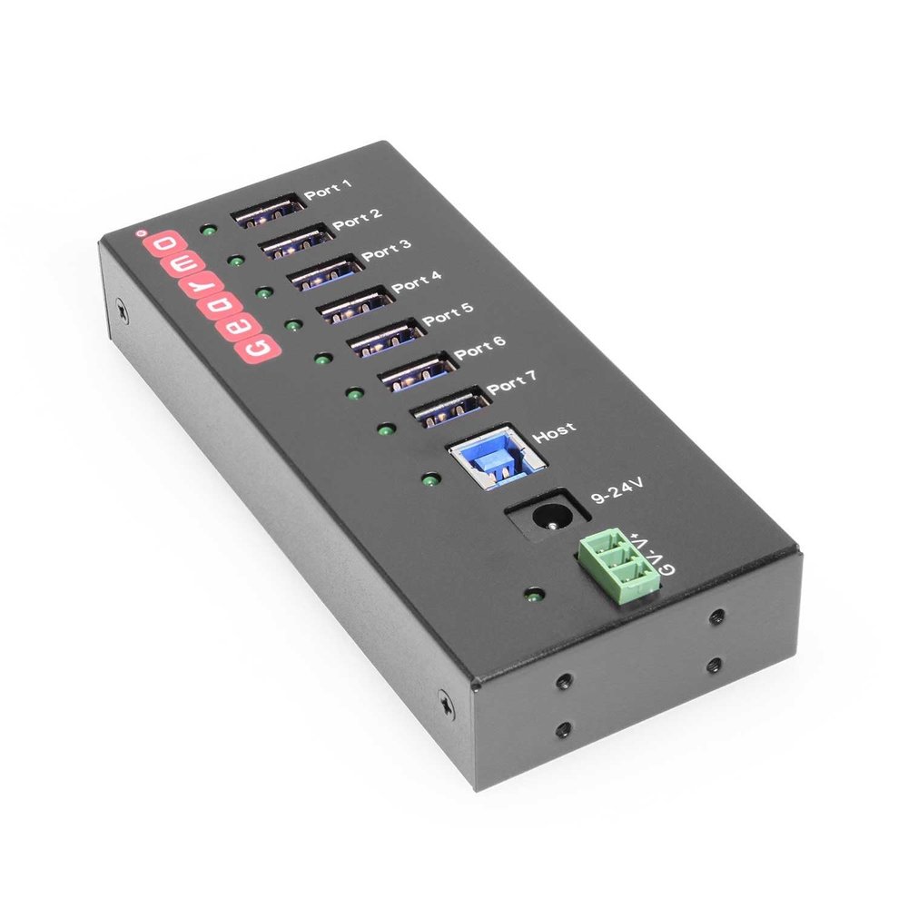 Gearmo 7 Port USB 3.0 Hub w/Surge Protection, 5Gbps Speed, LEDs, Surface & DIN Rail Mounting