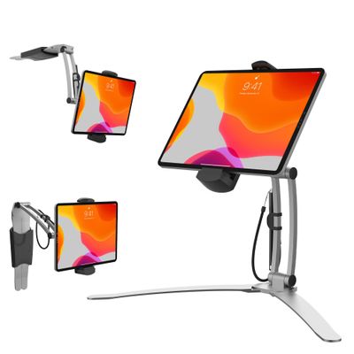 3-in-1 Mount Stand  CTA Multi-Flex Tablet Base and Support Installs on Walls or Folds for iPad 10th Gen 10.9" - 7/8/9 Gen 10.2 - Air 4 - Pro 11 - Galaxy Tab S3 - Silver (PAD-KMSB)