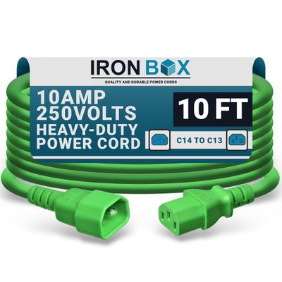 IronBox Electric C14 to C13 Power Cord - 10A/250V, 18/3 AWG SJT - UL Listed IEC Cable & Jumper Cords - Heavy Duty Power Extension Cord for Desktop Computer, Monitor, Projector,PDU & More (10ft, Green)