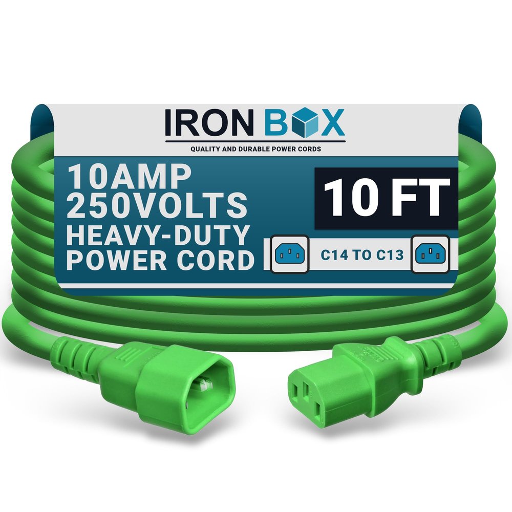 IronBox Electric C14 to C13 Power Cord - 10A/250V, 18/3 AWG SJT - UL Listed IEC Cable & Jumper Cords - Heavy Duty Power Extension Cord for Desktop Computer, Monitor, Projector,PDU & More (10ft, Green)