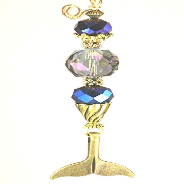Burnished Golden Mermaid Tail and Iridescent Purple Faceted Glass Ceiling Fan Pull Chain