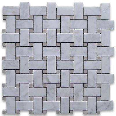Carrara White Italian Carrera Marble Basketweave Mosaic Tile Gray Dots 1 x 2 Honed