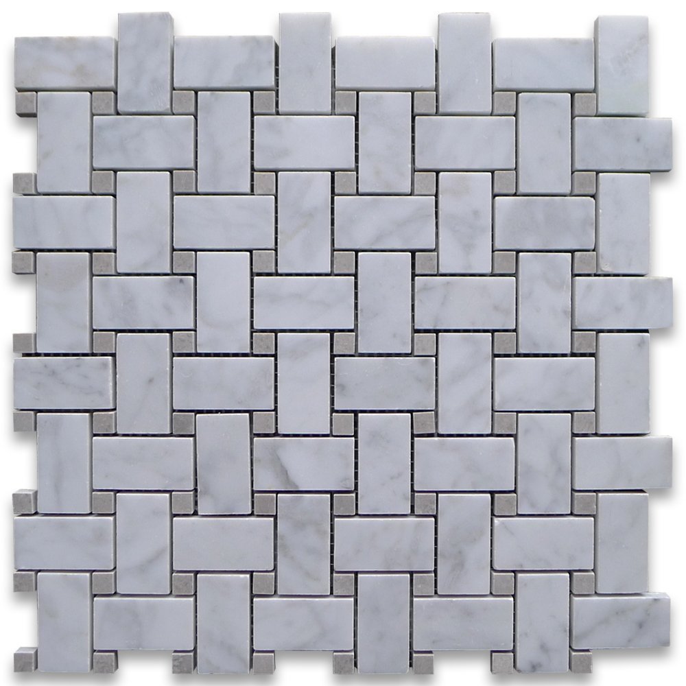 Carrara White Italian Carrera Marble Basketweave Mosaic Tile Gray Dots 1 x 2 Honed
