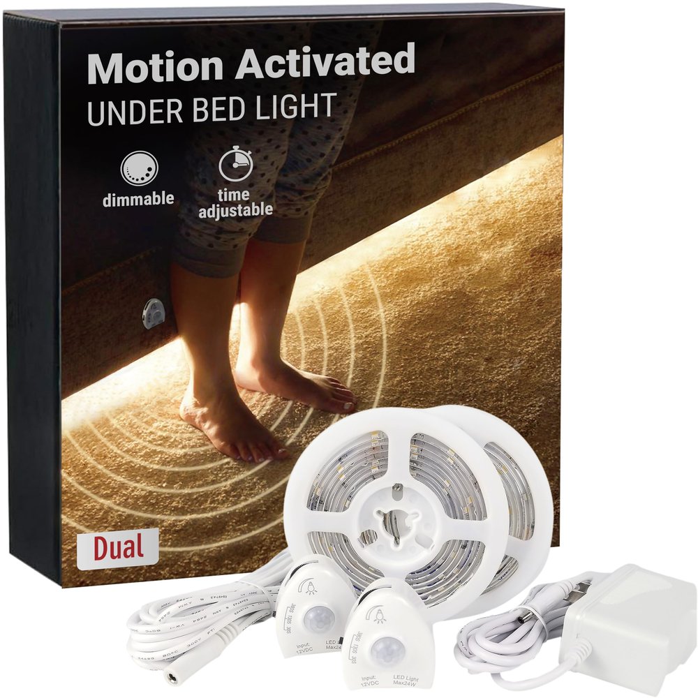 illumiForce Under Bed Lights Motion Sensor, Motion Activated Bed Lighting,12V Power Adapter, Dimmable LED Strip Night Light for Bedroom,Stairs,Crib,Cabinet,Warm White -2 x 5FT -Dual Kit