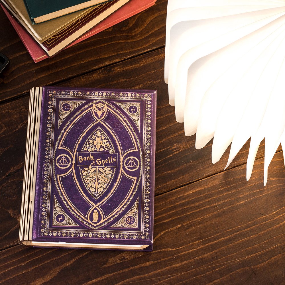 KleverCase Book Cover Themed 360 Degree Chargeable Reading Lamp, Night Light, Desk, Bedside Light. (Purple Spells, Large Size White Light)
