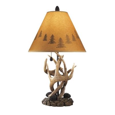 BOWERY HILL Rustic Poly Table Lamps, Brown Finish, Set of 2, Hardback Shades, 24.13 in Height, Pull Chain On/Off Switch, Cabin or Mountain Retreat Accent Lighting for Living Room or Bedroom
