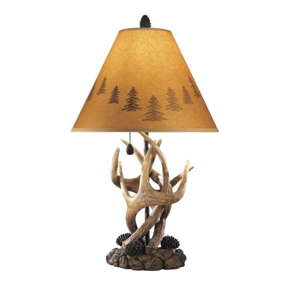 BOWERY HILL Rustic Poly Table Lamps, Brown Finish, Set of 2, Hardback Shades, 24.13 in Height, Pull Chain On/Off Switch, Cabin or Mountain Retreat Accent Lighting for Living Room or Bedroom