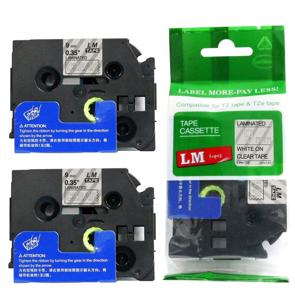 2/Pack LM Tapes - LMe125 Premium 3/8" White Print on Clear Label Compatible with P-Touch TZe125 Tape and Includes Tape Color/Size Guide. Replaces Ptouch TZ125 9mm 0.35 Laminated.
