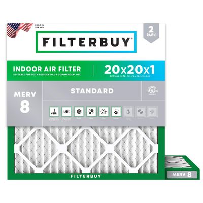 Filterbuy 20x20x1 Air Filter MERV 8 Essential Dust & Allergy Defense (2-Pack), Electrostatic Pleated HVAC AC Furnace Filters Replacement, Made in USA (Actual Size: 19.50 x 19.50 x 0.75)