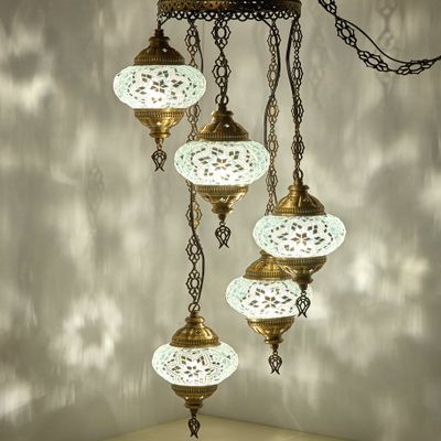 DEMMEX Turkish Moroccan Mosaic Hardwired OR Swag Plug in Chandelier Light Ceiling Hanging Lamp Pendant Fixture, 5 Globes (5 X 4.7 Swag)