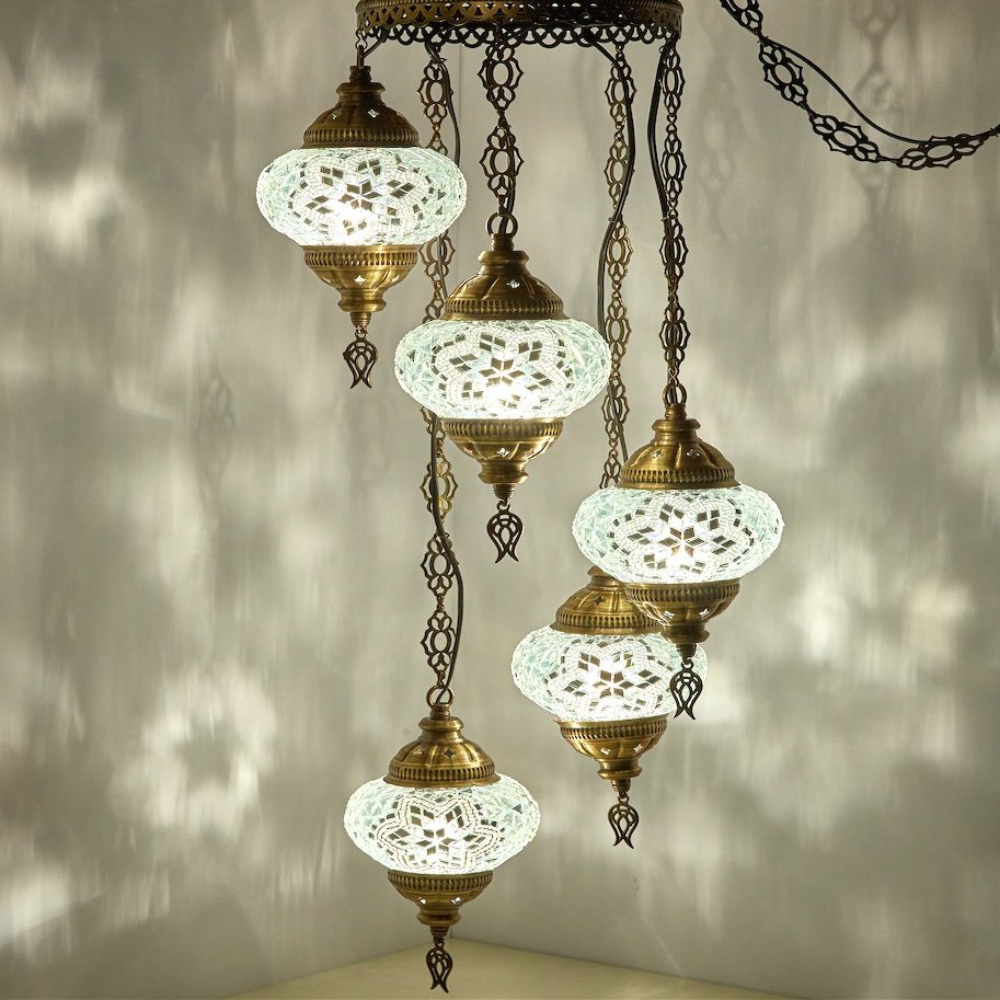 DEMMEX Turkish Moroccan Mosaic Hardwired OR Swag Plug in Chandelier Light Ceiling Hanging Lamp Pendant Fixture, 5 Globes (5 X 4.7 Swag)
