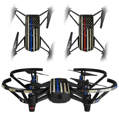 Skin Decal Wrap 2 Pack Compatible with DJI Ryze Tello Painted Faded Cracked Blue Line Stripe USA American Flag Drone NOT Included