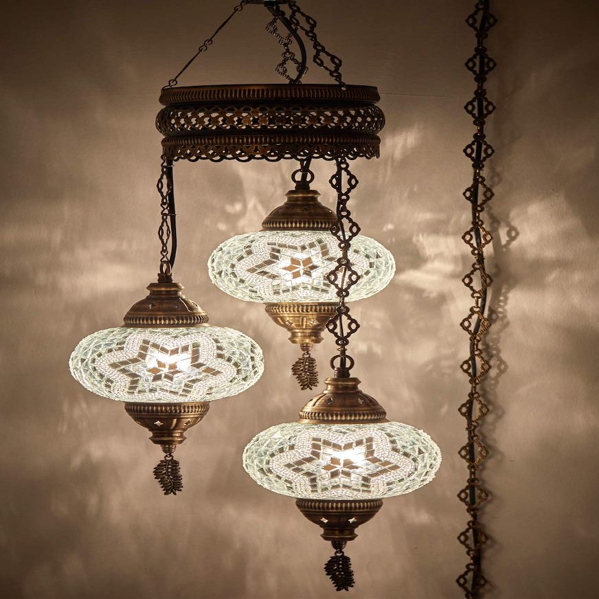 DEMMEX 3-Globe Turkish Mosaic Plug-in Chandelier, Handmade Moroccan Hanging Ceiling Lamp with 15-Foot Cord & Chain, Bohemian Decorative Pendant Light for Living Room, Bedroom, 3.5 ft (White-Clear)