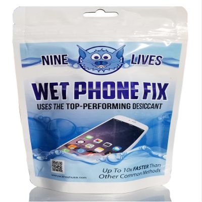 PackFreshUSA: Nine Lives Wet Phone Fix Premium Desiccant - Water Damage Repair Moisture Removal Non-Toxic - Rapid Drying Pouch System for Cell Phones and Electronics - 1 Pack Blue