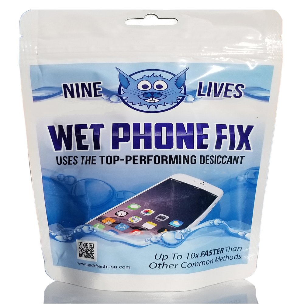 PackFreshUSA: Nine Lives Wet Phone Fix Premium Desiccant - Water Damage Repair Moisture Removal Non-Toxic - Rapid Drying Pouch System for Cell Phones and Electronics - 1 Pack Blue