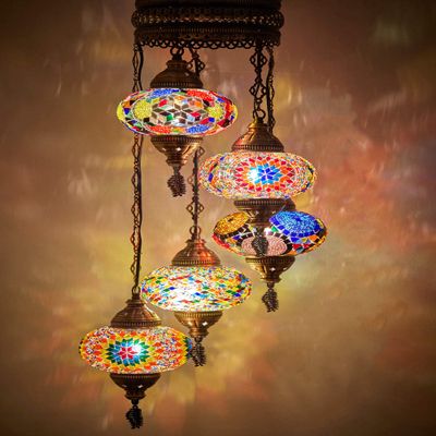 DEMMEX Turkish Moroccan Mosaic Hardwired Ceiling Chandelier Light, Handmade 5-Globe Hanging Pendant Lamp, Boho Mosaic Glass Fixture for Living Room & Bedroom, Customizable