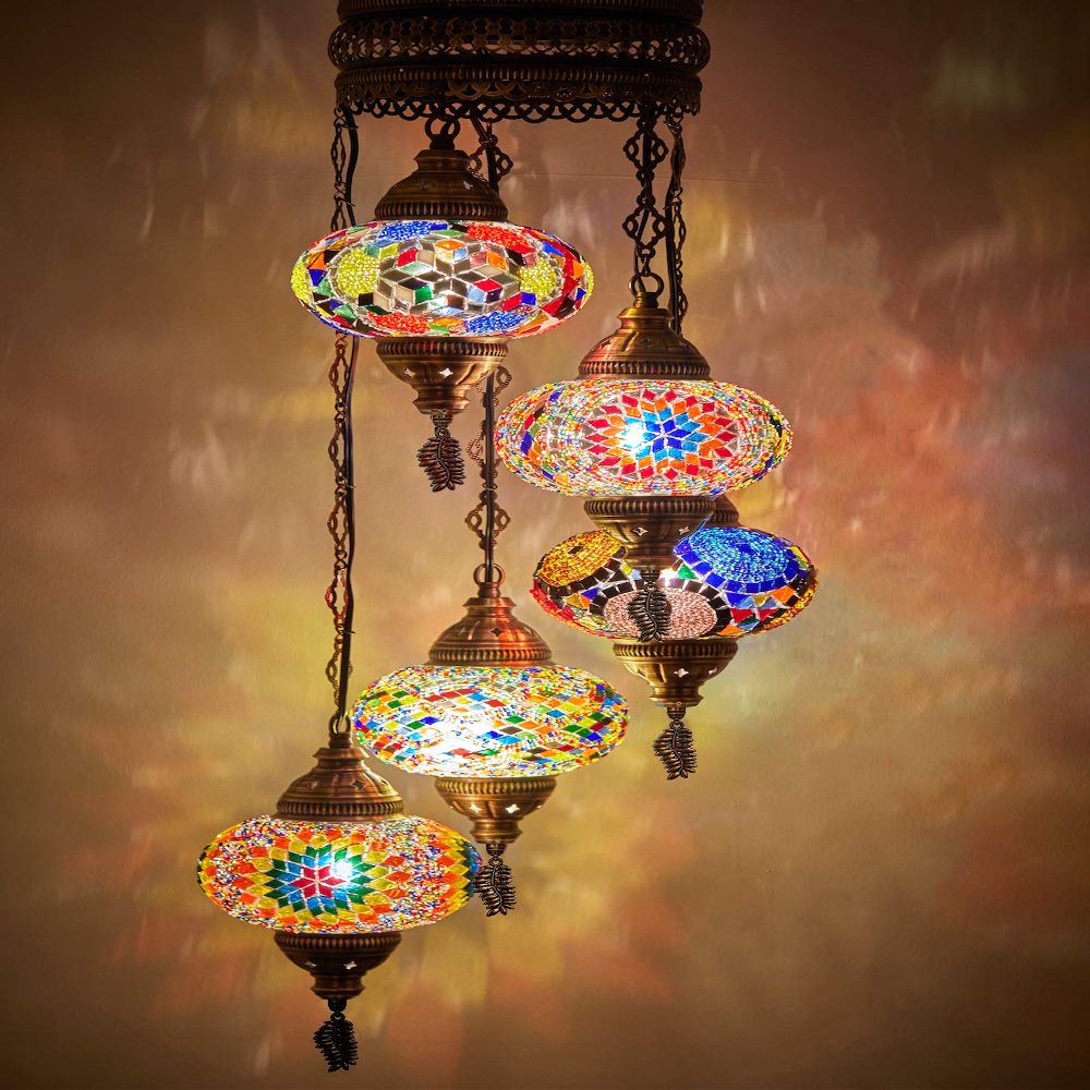 DEMMEX Turkish Moroccan Mosaic Hardwired Ceiling Chandelier Light, Handmade 5-Globe Hanging Pendant Lamp, Boho Mosaic Glass Fixture for Living Room & Bedroom, Customizable