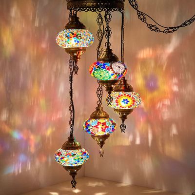 DEMMEX Turkish Moroccan Mosaic Plug-in Chandelier, 5-Globe Colorful Bohemian Swag Pendant Light with 15-ft Cord & Chain, 3.5 ft Drop for Living Room & Bedroom (Customizable)