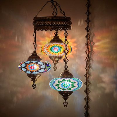 DEMMEX 3 Large Globe Plug-in Turkish Moroccan Mosaic Chandelier, Hanging Lamp, Ceiling Light Fixture with 15ft Cord & Chain for Living Room, Bedroom - Handmade, Customizable, 3.5 ft Drop