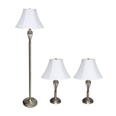 Elegant Designs LC1001-ABS Antique Brass Three Pack Lamp Set (2 Table Lamps, 1 Floor Lamp) with Fabric White Bell Shaped Shades