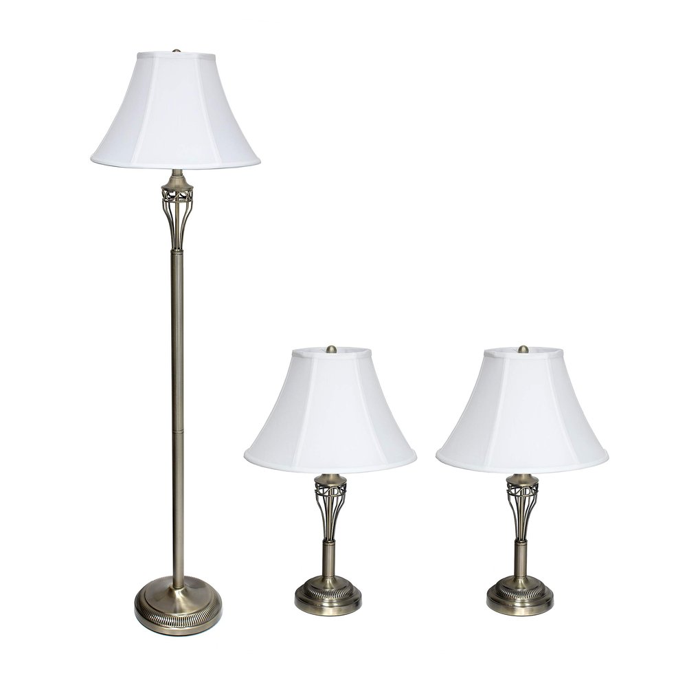Elegant Designs LC1001-ABS Antique Brass Three Pack Lamp Set (2 Table Lamps, 1 Floor Lamp) with Fabric White Bell Shaped Shades