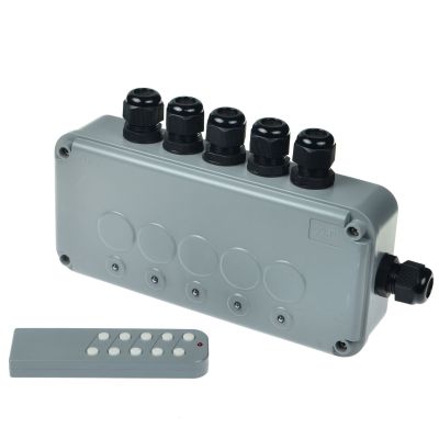 SuperInk 1 Set 15A 5-Gang Junction Box Weatherproof Outdoor Switched with 5 x Push Switches w/Indicators and 6 x 20mm Cable Gland and Remote Power Switch IP66 Rated (1PK Box, 1PK Remote Control)