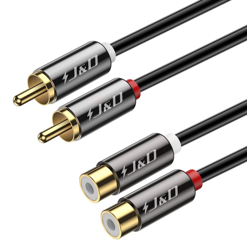 J&D 2 RCA Extension Cable, RCA Cable, Gold Plated Copper Shell Heavy Duty 2 RCA Male to Female Stereo Audio Extension Cable, 15 Feet
