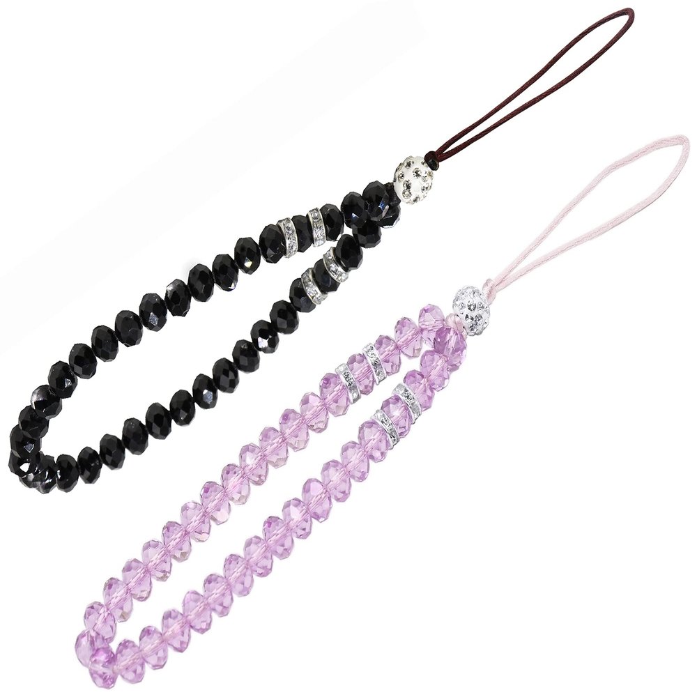 zdyCGTime Cell Phone Lanyard Strap Bling Crystal Beads Hand Wrist Lanyard Strap String for Cell Phone Camera Purse MP3 MP4 iPod PSP Keychain (2 Packs)(17cmBlack&Purple)