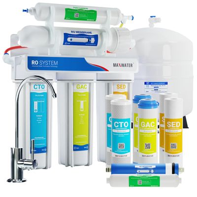 Max Water 100 GPD Reverse Osmosis Water Filtration System - 5 Stage RO System with NSF Certified Tank, Faucet and 4 Extra Filters - Under-Sink/Wall Mount System - Model : RO-5W2