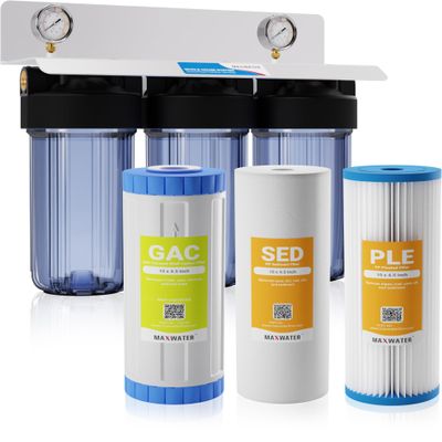 Max Water 3 Stage (Sediment, Odor & Improving Taste) Whole House (10 inch x 4.5 inch), Water Filtration System with Double O Ring Housing - Dual Sediment + GAC - 1" NPTF Brass Port Inlet